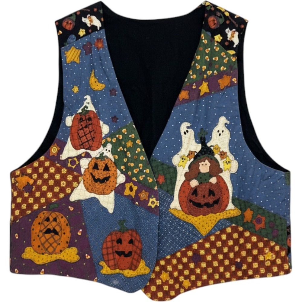 Vintage Halloween Patchwork Vest Witches Pumpkins Ghosts Folk Art Multi Color XL